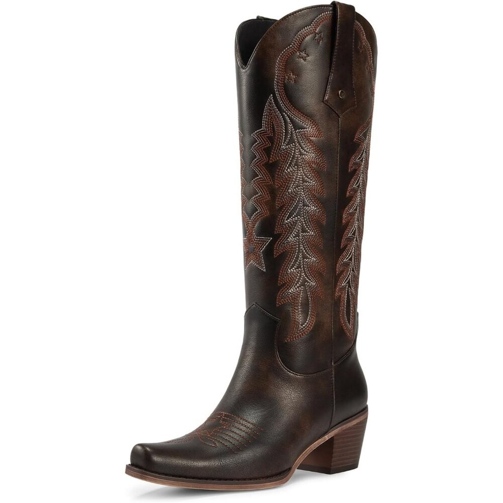 Women' Dark Brown Knee High Cowgirl Boot Embroidered Chunky Heel Pointed Toe
